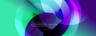 Soyut, enerjik tasarım, üst üste binen daireler. Renkler yeşil, turkuaz, mavi, mor renkler dinamik görsel efekt yaratır. Modern arkaplan ögesi.