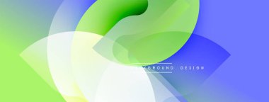 Soyut tasarım özellikleri üst üste binen şeffaf şekiller. Renkler canlı yeşilden soğuk maviye karışıp dinamik görsel efekt yaratır. Yumuşak eğimler hareketi, modern estetiği akla getiriyor..