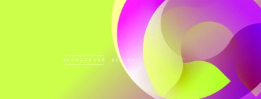 Canlı, soyut bir arkaplan. Üst üste binen daireler dinamik akış yaratır, sarıdan mora, mora, maviye dönüşür. Modern tasarım ögesi.