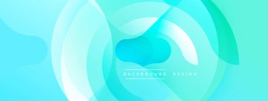 Soyut akışkan şekiller, turkuaz renkler baskın. Üst üste binen daireler dinamik bileşim yaratır. Yumuşak eğimler hareketi, modern tasarım elementini akla getiriyor. Minimalist estetik.