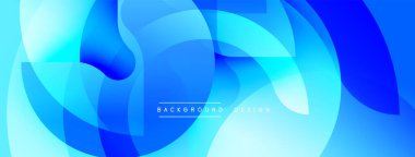 Soyut mavi katmanlar dinamik bileşim yaratır. Üst üste binen daireler, düzgün eğimler, modern tasarım. Geçmişi akıcılık, yenilik ve teknolojiyi akla getiriyor. Minimalist estetik.