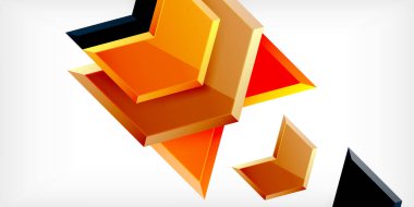 Soyut geometrik şekiller örtüşür, dinamik bileşim yaratır. Ilık turuncu, kırmızı renkler açık arkaplanda baskın gelir. Modern tasarım elementleri derinlik ve boyut öneriyor.