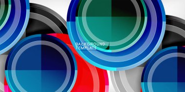Soyut daireler katmanlı geometrik desen oluşturarak örtüşüyor. Canlı mavi, kırmızı, yeşil renkler tasarımda baskın. Arkaplan ve sunumlar için uygun modern şablon.