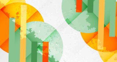 Üst üste binen daireler, dikdörtgenler içeren soyut bir kompozisyon. Renkler turuncu, yeşil, sarı. Doku bulanık görünüyor, modern tasarım elementleri mevcut.