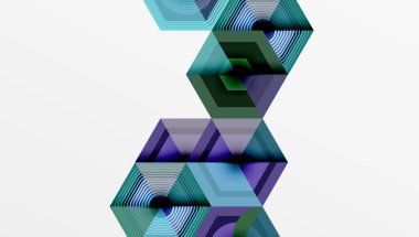 Üst üste istiflenmiş altıgen şekilleri içeren soyut geometrik bileşim. Gölgeler mavi, yeşillik, morlar yanılsama derinliği yaratır. Minimalist tasarım, temiz çizgiler, modern estetik..