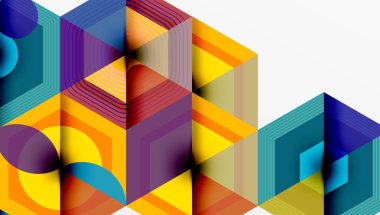 Soyut geometrik bileşim. Altıgen şekiller kesişiyor, katmanlı görsel etki yaratıyor. Canlı mavi, sarı, mor egemen tasarım. Çizgiler derinlik ve boyut gösteriyor..