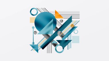 Soyut geometrik bileşim. Şekiller örtüşüyor, dinamik görsel ilgi yaratıyor. Mavi, turuncu, gri tonlar tarafsız arkaplana hükmediyor. Modern tasarım elemanları.