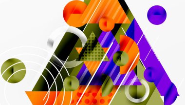 Soyut geometrik bileşim. Üst üste binen şekiller dinamik görsel efekt yaratır. Turuncu, mor, yeşil renkler tasarımda baskın. Modern estetik, temiz çizgiler, canlı renkler.