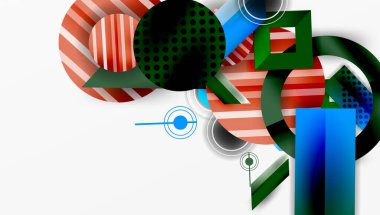 Soyut geometrik bileşim. Çemberler, kareler, üçgenler üst üste binerek dinamik görsel efekt yaratır. Çizgiler, noktalar doku ve derinlik ekler. Modern tasarım elemanları.