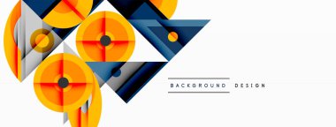 Soyut geometrik tasarım katmanlı daireler, üçgenler içerir. Turuncu, gri, koyu mavi renkler modern görsel etki yaratır. Özgeçmiş ve sunumlar için uygun minimalist biçim.