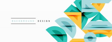 Soyut geometrik şekiller örtüşür, dinamik bileşim yaratır. Teal, turuncu, beyaz renkler tasarımda baskın. Minimalist estetik modern arka planlara, sunumlara uyuyor.