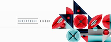 Soyut geometrik şekiller modern tasarım yaratır. Kırmızı, mavi, gri elementler üst üste binerek dinamik bileşim oluşturuyor. Arkaplan, pankart ve sunumlar için minimalist biçim uygun.