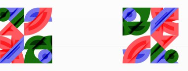 Üst üste binen geometrik şekilleri içeren soyut kompozisyonlar. Kırmızı, yeşil, mavi renkler dinamik görsel ilgi yaratır. Minimalist tasarım, temiz çizgiler, modern estetik..