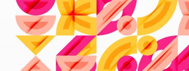 Soyut geometrik desen. Üst üste binen şekiller pembe, turuncu renkler kullanarak dinamik bileşim oluşturur. Temiz hatlar, modern estetik, minimalist tasarım. Parlak renkler, neşeli düzenleme.