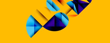 Soyut geometrik şekiller, parlak sarı arka planla örtüşür. Poligonlar dinamik bileşimler oluştururlar, mavi, mor, turuncu renkler kullanırlar. Modern tasarım enerjiyi ve hareketi çağrıştırıyor..