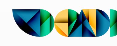 Üst üste binen şekiller içeren soyut geometrik tasarım. Renkler arasında maviler, yeşiller, sarılar, dinamik görsel efektler vardır. Modern, temiz estetik.