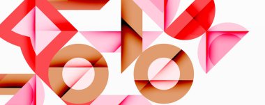 Soyut geometrik bileşim. Üst üste binen şekiller dinamik görsel efekt yaratır. Kırmızı, pembe, kahverengi renkler tasarımda baskın. Minimalist tarz, modern estetik. Temiz hatlar, kusursuz formlar..