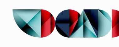 Geometrik şekiller soyut harf formları oluşturur. Kırmızı, deniz mavisi, deniz mavisi renkleri dizaynda baskın. Modern estetik, temiz hatlar, minimalist kompozisyon. Görsel etki güçlü, cesur sunum.