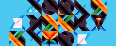 Soyut geometrik bileşim. Canlı şekiller kesişir, dinamik görsel doku yaratır. Parlak renkler mavi arkaplanda karşıtlık yaratır. Modern tasarım elementleri baskın.