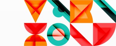 Soyut geometrik şekiller örtüşür ve canlı bir bileşim yaratır. Turuncu, kırmızı, deniz mavisi renkleri beyaz arkaplana hakim. Modern tasarım dinamizmi ve dengeyi çağrıştırıyor.