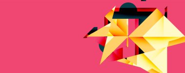 Soyut geometrik şekiller kompozisyona hükmediyor. Altın renkler kırmızıyla harmanlanmış, siyah ve pembe arka plan. Modern tasarım enerji, dinamizm ve görsel karmaşıklığı çağrıştırır..