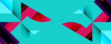 Soyut geometrik bileşim. Canlı turkuaz arka plan özellikleri pembe, kırmızı, mavi üçgenler dinamik görsel efekt yaratıyor. Modern tasarım, temiz çizgiler, kalın renkler.