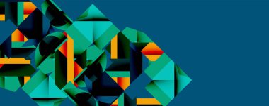 Soyut geometrik bileşim. Üst üste binen şekiller dinamik görsel doku yaratır. Teal, turuncu, koyu mavi renk düzeni. Modern tasarım derinliği ve karmaşıklığı çağrıştırıyor.