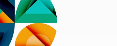 Soyut geometrik şekiller örtüşüyor, canlı renk eğimleri yaratıyor. Mavi, yeşil, turuncu renkler kompozisyona hakim. Geniş beyaz alanı olan minimalist tasarım. Modern estetik.