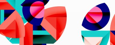 Soyut geometrik bileşim. Kalın şekiller örtüşür, dinamik görsel ilgi yaratır. Canlı renkler, maviler, pembeler, turkuazlı tasarım. Modern estetik.