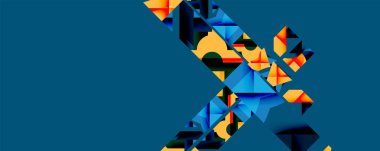 Soyut geometrik bileşim parçalanmış şekiller, canlı maviler, portakallar, derin deniz mavisi arkaplanına karşı sarılar içerir. Dinamik tasarım modern estetik, keskin açılar, katmanlı şekilleri çağrıştırıyor..