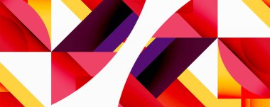 Soyut geometrik bileşim. Canlı renkler kesişiyor, dinamik şekiller yaratıyor. Kalın kırmızılar, portakallar, morlar beyazlarla tezat oluşturuyor. Modern tasarım, keskin açılar, görsel enerji.