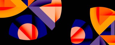 Soyut geometrik bileşim. Canlı turuncu, mavi, mor şekiller arka planda örtüşüyor. Modern tasarım, gradyanlar derinlik yaratır, dinamik görsel deneyim.