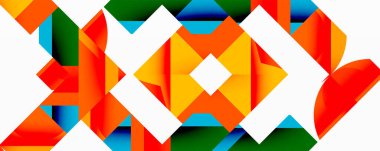 Soyut geometrik desen canlı turuncu, yeşil ve mavi şekillere sahiptir. Beyaz alan dinamik görsel ritim yaratır, hareket ve derinliği gösterir. Temiz çizgiler biçimleri tanımlar.