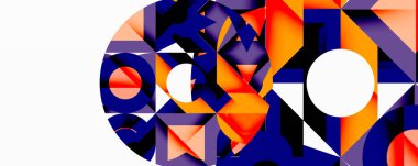 Soyut geometrik bileşim. Şekiller çakışıyor, dinamik görsel etki yaratıyor. Turuncu, mor, beyaz baskın tasarım. Modern, cesur estetik..