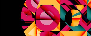 Soyut geometrik bileşim. Canlı renkler kesişiyor, dinamik şekiller yaratıyor. Çemberler, üçgenler, dikdörtgenler çakışıyor, karmaşık desenler oluşturuyor. Modern tasarım, cesur estetik.