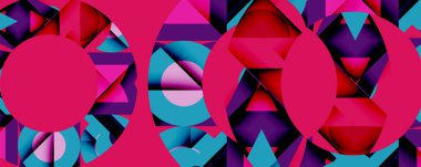 Soyut geometrik bileşim. Üst üste binen daireler, üçgenler canlı desenler oluşturur. Pembe, mor, turkuaz baskın tasarım. Modern dijital resimleme.