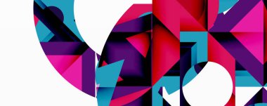 Soyut geometrik bileşim. Canlı şekiller örtüşüyor, dinamik görsel etki yaratıyor. Kalın renkli, pembe, deniz mavisi, kırmızı renkli beyaz arka plan. Modern tasarım.