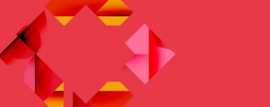 Soyut geometrik bileşim. Kırmızı, turuncu, sarı şekiller dinamik görsel efekt oluşturur. Renk kontrastlı minimalist tasarım. Modern estetik.