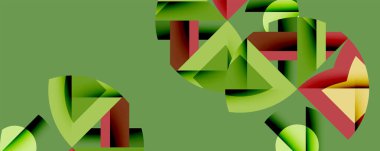 Soyut geometrik şekiller kompozisyona hükmediyor. Yeşil, kırmızı, sarı renkler harmanlanarak, dinamik görsel deneyim yaratıyor. Biçimler örtüşüyor, derinlik ve hareket öneriliyor. Minimalist tasarım.