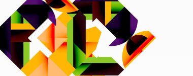 Soyut geometrik bileşim. Kalın şekiller örtüşür, dinamik görsel efekt yaratır. Turuncu, mor, yeşil, siyah renkler tasarımda baskın. Modern estetik.