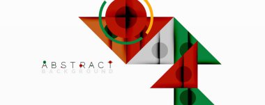 Geometrik şekiller dinamik bileşim oluşturur. Kırmızı, yeşil, turuncu renkler tasarımda baskın. Modern estetik, temiz çizgiler, çeşitli projeler için uygun soyut arkaplan.
