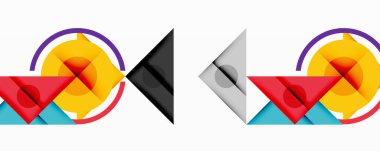 Soyut geometrik tasarımlar daireler, üçgenler, kareler. Parlak rengarenk, kırmızı, mor, turkuazlı dinamik bileşimler. Şekiller örtüşüyor, karmaşık desenler oluşturuyor. Minimalist stil.