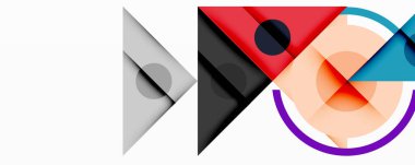 Soyut geometrik bileşim. Üst üste binen şekiller, daireler, üçgenler dinamik görsel ilgi yaratıyor. Kırmızı, siyah, gri, mavi renkler tasarımda baskın. Minimalist estetik.