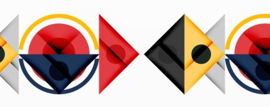 Soyut geometrik desenler görüntüye hakim. Daireler, üçgenler, kareler dinamik bileşim oluşturarak kesişir. Renkler kırmızı, sarı, donanma, gri, siyah. Minimalist tasarım modern sanat estetiğini çağrıştırıyor.