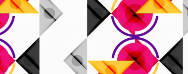 Soyut geometrik desen üst üste binen üçgenler, daireler, dikdörtgenler. Canlı renkli, pembe, gri, siyah dinamik görsel doku. Modern tasarım öğeleri tekrarlama, simetri önerir.