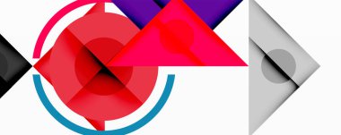 Soyut geometrik bileşim. Üst üste binen şekiller, üçgenler, kareler dinamik görsel etkileşim yaratır. Canlı kırmızılar, maviler, morlar gri tonlu elementlerle tezat oluşturuyor. Minimalist tasarım.