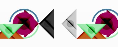 Soyut geometrik bileşimlerde daireler, üçgenler, kareler var. Üst üste binen şekiller, dinamik görsel ilgi yaratır. Renkler arasında mor, turuncu, yeşil, mavi, gri, siyah.