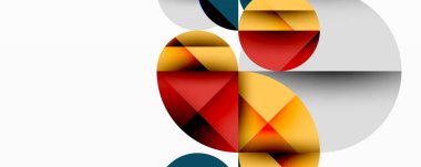 Soyut geometrik bileşim. Üst üste binen daireler, üçgenler dinamik görsel efekt yaratır. Sıcak kırmızılar, altın sarıları, hoş griler, maviler. Modern tasarım elemanları.