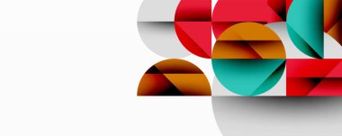 Soyut geometrik bileşim. Üst üste binen daireler, dikdörtgenler dinamik görsel efekt yaratır. Beyaz arka plana karşı sıcak ve serin renkler. Modern tasarım ögesi.