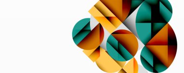 Soyut geometrik bileşim. Üst üste binen daireler, kareler, üçgenler dinamik görsel efekt yaratır. Sıcak, serin tonlar harmanlanarak modern estetik sunuyor. Minimalist tasarım.